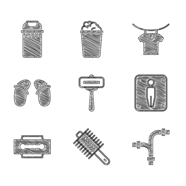 Set Rasiermesser, Haarbürste, Industrie-Metallrohr, Männentoilette, Klinge, Flip-Flops, Wäschetrocknen und Mülleimer-Symbol. Vektor — Stockvektor