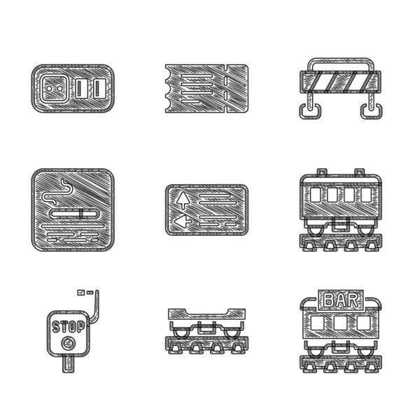 Réglez le panneau de signalisation routière, wagon de fret, restaurant, voitures, frein d'urgence, zone fumeurs, barrière et icône de prise électrique. Vecteur — Image vectorielle