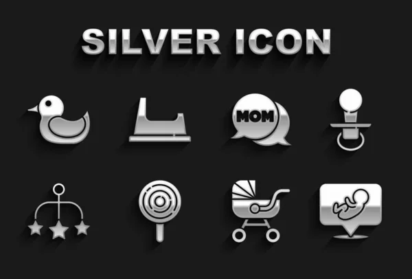 Set Lollipop, Baby dummy pacifier, stroller, crib hanging toys, Speech bubble mom, Rubber duck and potty icon. Vector