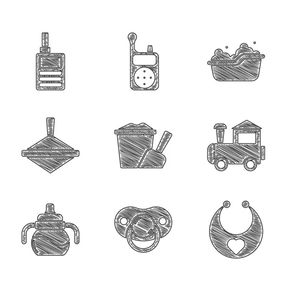 Set Sand in Eimer mit Schaufel, Schnuller, Lätzchen, Spielzeugeisenbahn, Flasche, Whirlpool-Spielzeug, Badewanne und Monitor Walkie Talkie Symbol. Vektor — Stockvektor