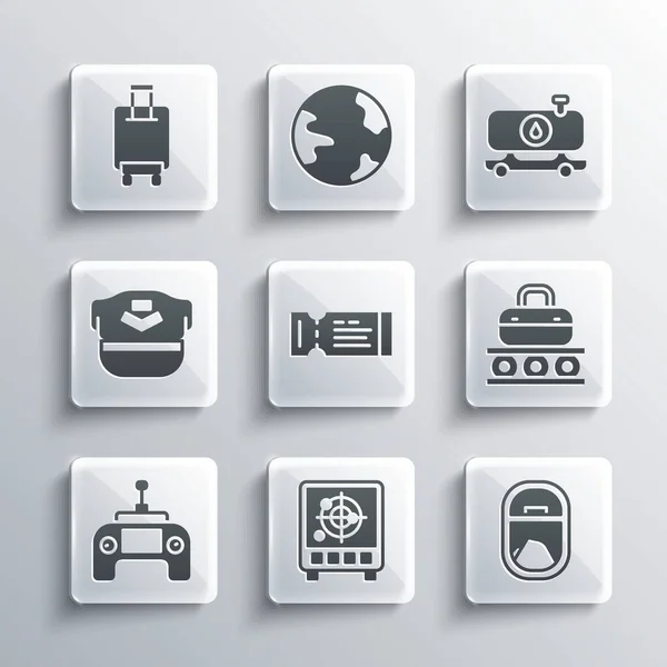 Set Radar mit Zielen auf dem Monitor, Flugzeugfenster, Förderband-Koffer, Flugticket, Drohnen-Fernbedienung, Pilotenhut, Koffer und Tanklastwagen-Symbol. Vektor — Stockvektor