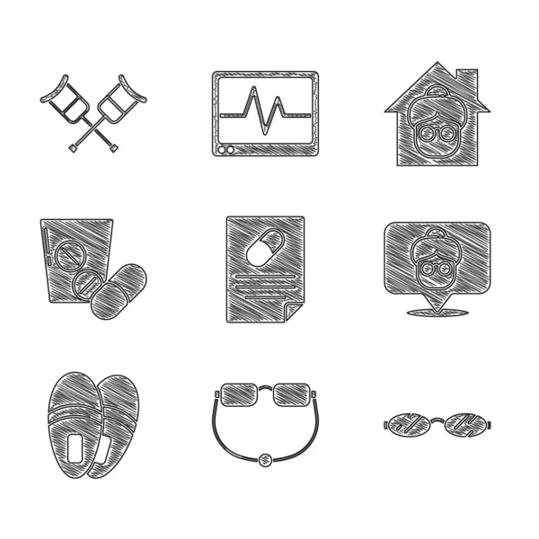 Set de prescripción médica, gafas graduadas, hogar de ancianos, zapatillas, píldora de medicina o tableta, y muletas de muleta icono. Vector — Archivo Imágenes Vectoriales