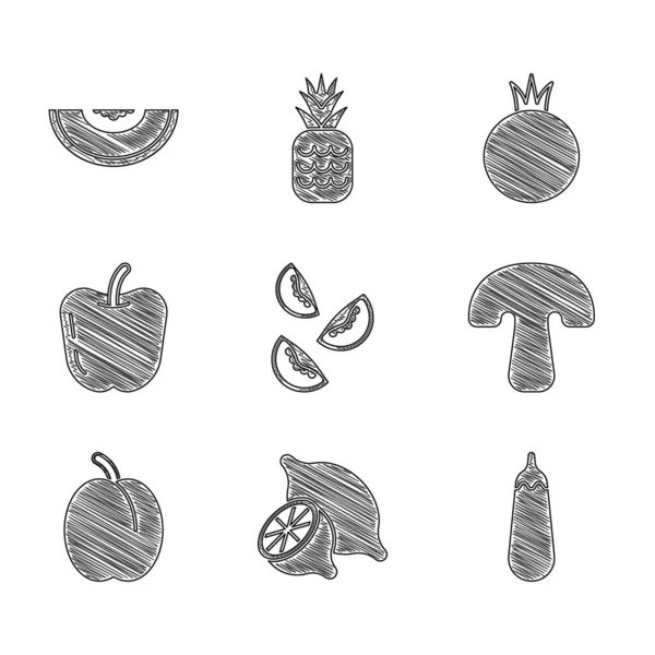 Domates, limon, patlıcan, mantar, erik meyvesi, elma ve kavun ikonu. Vektör — Stok Vektör