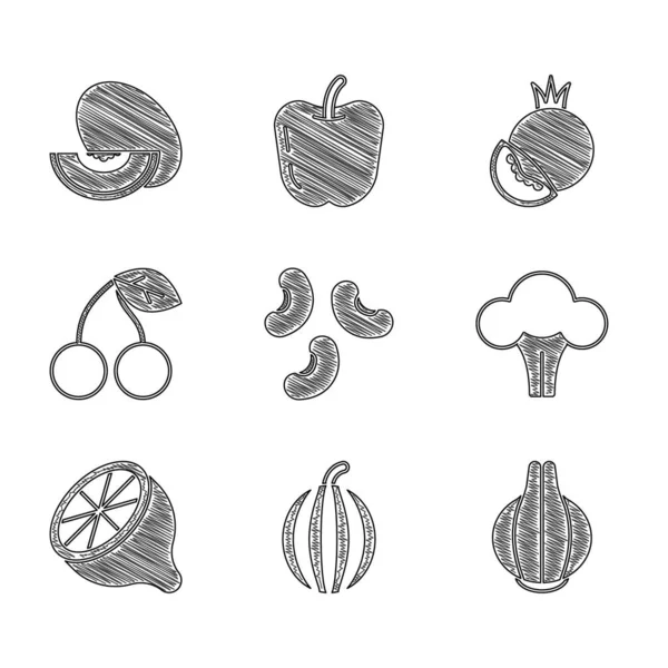 Fijar frijoles, sandía, cebolla, brócoli, limón, cereza, tomate y melón icono de la fruta. Vector — Archivo Imágenes Vectoriales