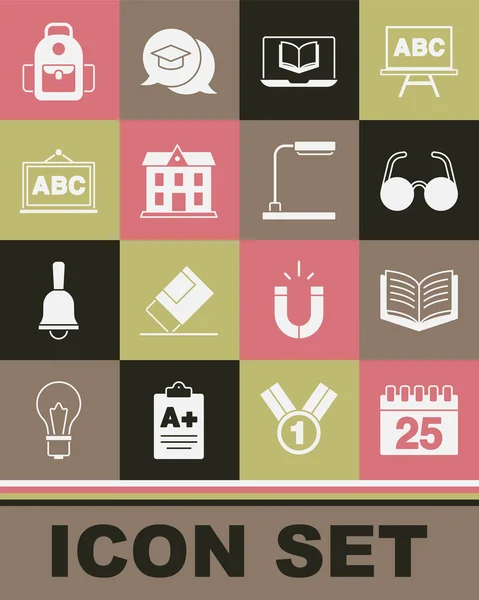 Set Calendrier, Livre ouvert, Lunettes, Classe en ligne, Bâtiment scolaire, Tableau, sac à dos et icône de lampe de table. Vecteur — Image vectorielle