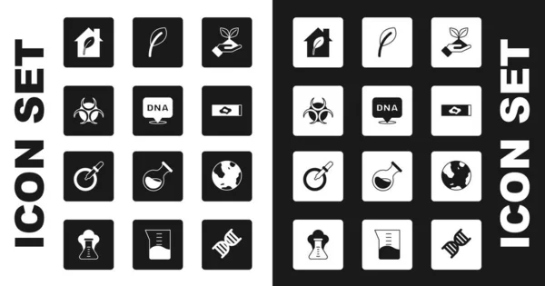 Set Plant in hand, DNA symbol, Biohazard, Eco friendly house, Blood test virus, Leaf or leaves, Earth globe and Petri box with pipette icon. Vecteur — Image vectorielle