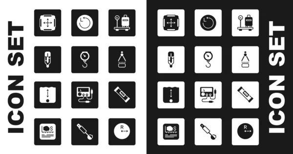 Set Schaal met koffer, Hand weegschaal mechanisch, Medische thermometer, Oppervlakte meting, Tekening kompas, Radius, Constructie zeepbel niveau en Diepte pictogram. Vector — Stockvector