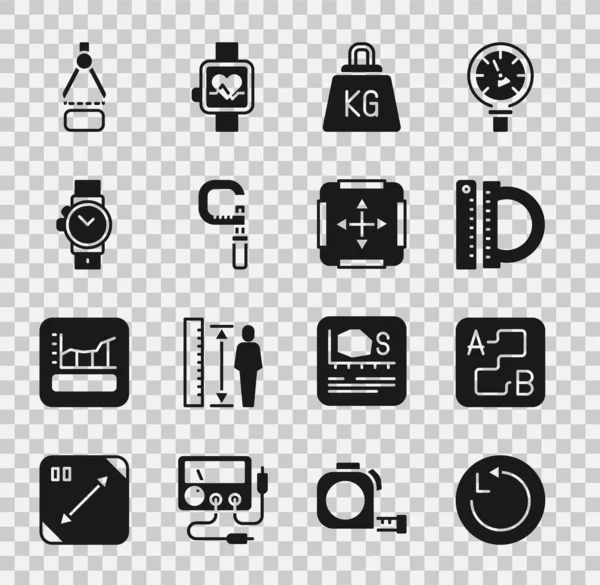 Set Radius, Route location, Protractor and ruler, Weight, Micrometer, Wrist watch, Drawing compass and Area measurement icon. Vector — Stock Vector