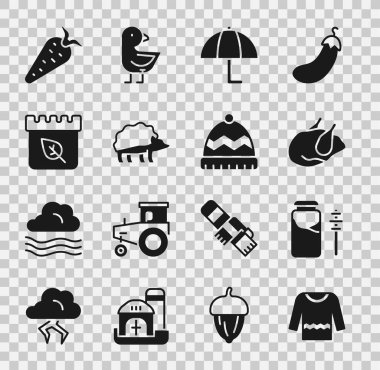 Süveter, bal kavanozu, kızarmış hindi ya da tavuk Şemsiye, kirpi, sonbahar yapraklı takvim, havuç ve kış şapkası ikonu. Vektör