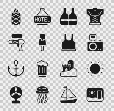 Seyahat kartpostalı, güneş, flaşlı fotoğraf makinesi, can yeleği, dondurma, su tabancası, ananas ve kolsuz tişört ikonu. Vektör
