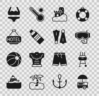 Fast street food seti, barbekü ızgarası, dalış maskesi, kum kalesi, bir şişe su, yazılı otel panosu, yüzme ikonu için mayo ve lastik yüzgeçler. Vektör
