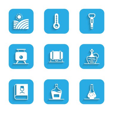 Şarap için tahta fıçı, eski şişe Decanter, İtalyan şarabı fiyaskosu, fermantasyon üzümleri, şişe açacağı ve üzüm ikonu. Vektör