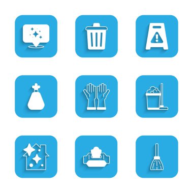 Lastik eldivenler, ıslak mendil, süpürge, süpürge kovası, temizlik servisi, çöp torbası, zemin ve ikon. Vektör