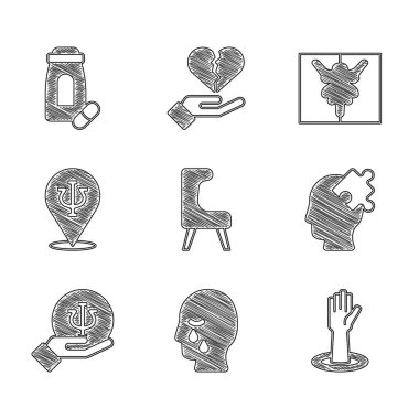 Kol Koltuğu, Adam 'ın cenaze kederi, yardım eli, soruna çözüm, psikoloji, Psi, Rorschach testi ve sakinleştirici haplar ikonu. Vektör