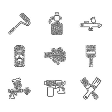 Boya spreyi, silah, fırça, kutu ve paten ikonunu hazırla. Vektör