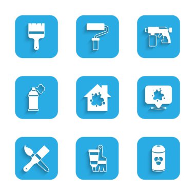 Evi boyamayı, boya ve fırçayla tüp boyamayı, sprey boya kutusunu, silahı ve ikonu ayarla. Vektör