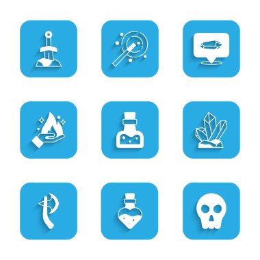 İksir, Kafatası, Sihirli Taş, Tahta Balta, Ateş Tutan El ve İkon Kılıç ile ayarlayın. Vektör