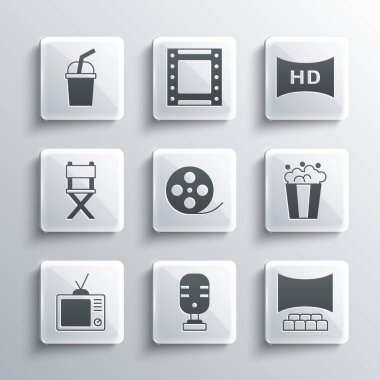 Mikrofon, sinema salonu, ekran, patlamış mısır karton kutu, film makarası, Retro TV, yönetmen koltuğu, cam su ve HD film, bant, çerçeve ikonu. Vektör