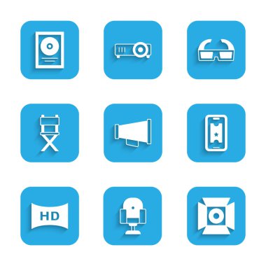 Megafon ayarla, yönetmen koltuğu, film spotu, internetten sinema bileti al, Hd filmi, kaset, çerçeve, 3D gözlük ve CD disk ödülü ikonu. Vektör
