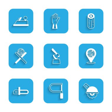 Tahta baltayı kütüğe, testereye, elektrikli testereye, kütüklere, testere, elektrikli testereye ve uçak aleti simgesine yerleştir. Vektör