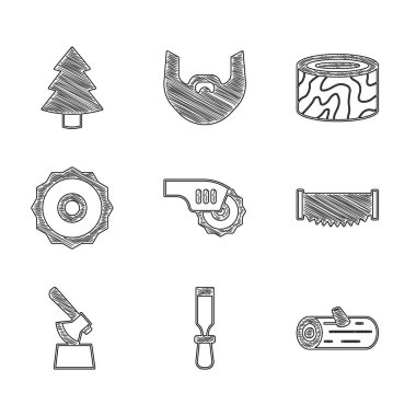 Elektrikli testere, keski aleti, tahta kütükler, iki elli, kütükte balta, bıçak, ağaç ve Noel ağacı ikonu. Vektör