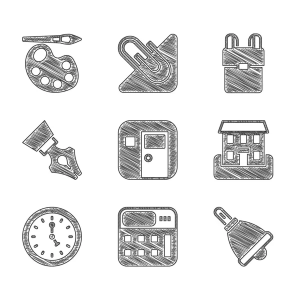 Set Aula escolar, Calculadora, Timbre, edificio, Reloj, Pluma estilográfica, mochila y pincel de pintura con icono de paleta. Vector — Vector de stock