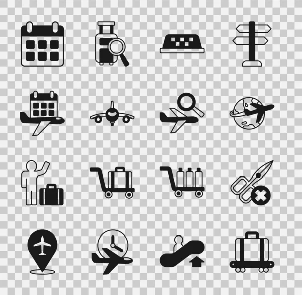 Set Conveyor belt with suitcase, No scissors, Globe flying plane, Taxi car roof, Plane, Calendar and airplane, and Airplane search icon. Vector — Stock Vector