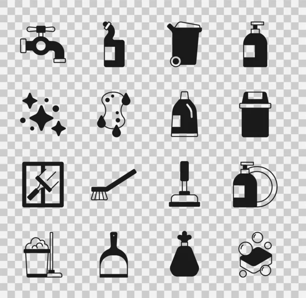 Set Bar von Seife, Spülmittel-Flasche, Mülleimer, Schwamm, Hausreinigung, Wasserhahn und Flasche für Agent-Symbol. Vektor — Stockvektor