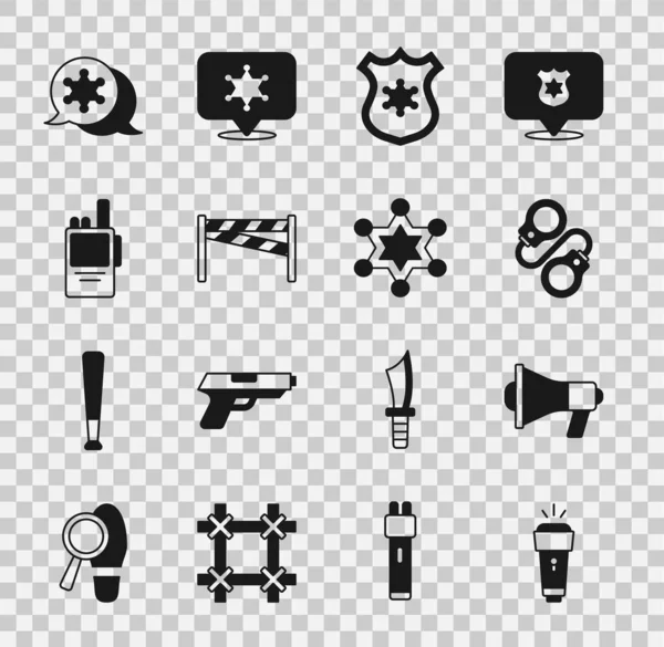 Set zaklamp, megafoon, handboeien, politie badge, plaats delict, Walkie talkie, Hexagram sheriff en icoon. Vector — Stockvector
