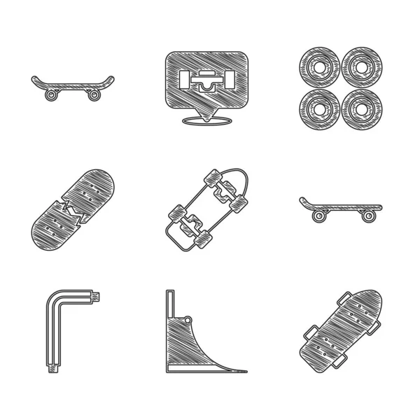 Set Skateboard, park, Tool Allen klíče, Zlomený skateboard paluba, kolo a ikona. Vektor — Stockový vektor