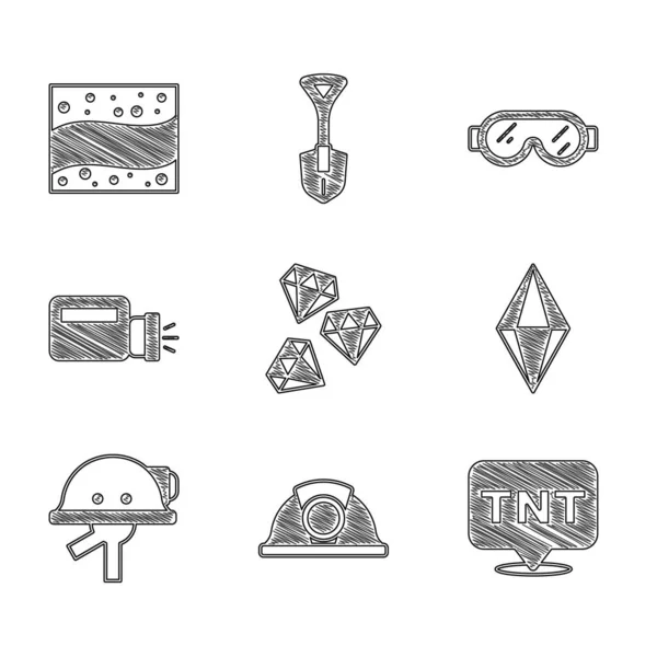 Set Gem stone, Miner helm, Dynamite, zaklamp, veiligheidsbril en Gold mine icoon. Vector — Stockvector