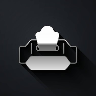 Siyah arkaplanda gümüş renkli ıslak mendil simgesi var. Uzun gölge tarzı. Vektör