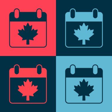 Pop art Canada günü akçaağaç yaprağı ikonu renk arkaplanında izole edilmiş. 1 Temmuz Bağımsızlık Günü Kanada bayrağıyla takvimde. Vektör