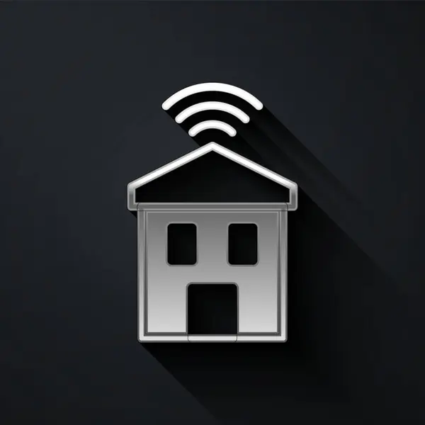 Casa Smart Silver con icono wi-fi aislado sobre fondo negro. Control remoto. Estilo de sombra larga. Vector — Vector de stock