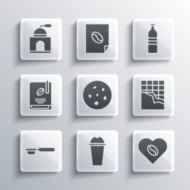 Set Milkshake, Coffee Lovers, Chocolate bar, Cookie veya bisküvi, filtre tutacağı, kitap, el yapımı kahve öğütücü ve şişe suyu ikonu. Vektör