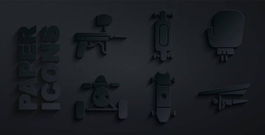 Longboard veya kaykay, boks eldiveni, ATV motosikleti, planör ve Paintball tabancası ikonu. Vektör