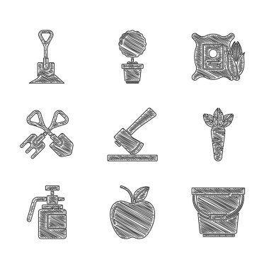 Tahta balta, elma, kova, havuç, bahçe spreyi, gübre, kürek ve tırmık, çuvalda mısır ve toprak ikonu. Vektör