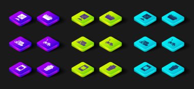 Gübre torbası, bahçe lambası, ahşap kütükler, çim biçme makinesi dikdörtgen şeklinde taze çimenler ve ağaç ikonu. Vektör