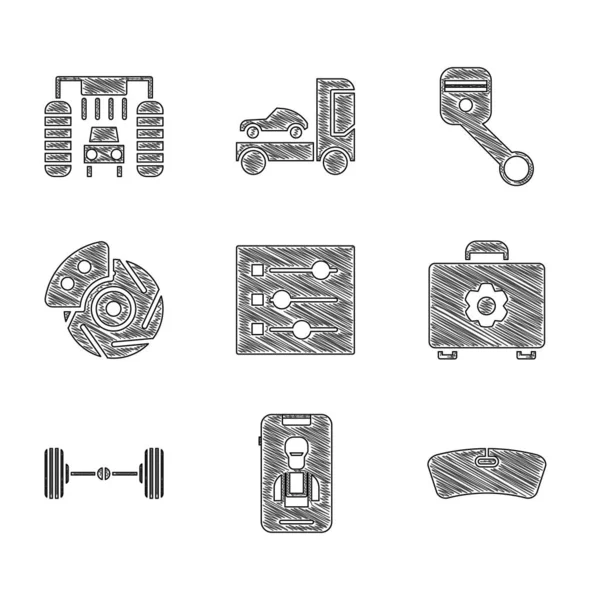 Set Car settings, Online car services, Windshield, Toolbox, Chassis, brake disk with caliper, Engine piston and wash icon. Vector — Stock Vector