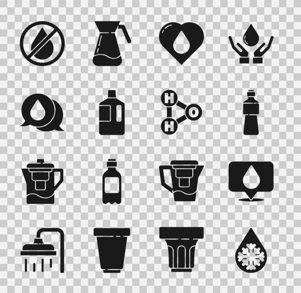 Set Auftauen, Wassertropfen mit Standort, Flasche Wasser, Herz, große Flasche sauber, Sprechblasen, verbotene und chemische Formel H2O-Symbol. Vektor — Stockvektor