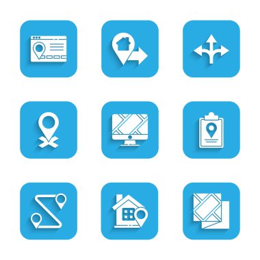 Konum işaretleyicisi, konum evi, katlanmış harita, rota, yol trafik işareti ve şehrin yön bulma simgesinin Infographic ile monitörü ayarlayın. Vektör