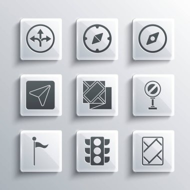 Trafik ışığını, haritalı GPS cihazını, dur işaretini, katlı konum işaretçisini, şehir navigasyon bilgisini, yol trafiğini ve pusula simgesini ayarla. Vektör