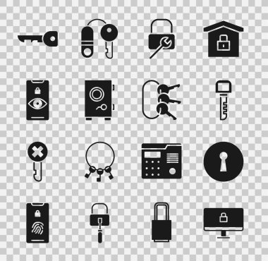 Kilidi bilgisayar monitörüne, anahtar deliğine, onarıma, kasaya, göz taramasına ve anahtar simgesine ayarlayın. Vektör