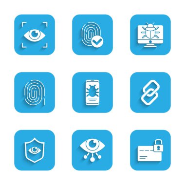 Sistem hatasını mobil, göz taraması, kilitli kredi kartı, zincir bağlantısı, kalkan ve göz, parmak izi, monitör ve simgeye ayarla. Vektör