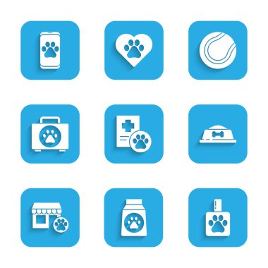 Klinik kayıt evcil hayvanı, yemek çantası, evcil hayvan şampuanı, kase, veteriner hastanesi, ilk yardım çantası, tenis topu ve klinik ikonu. Vektör