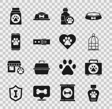 Evcil hayvan şampuanı, ilk yardım çantası, kuşlar için kafes yaka kartı, veteriner kliniği, yiyecek ve kalp hayvanları için ayak izi ikonu. Vektör
