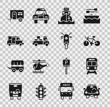 Araba, tren ve demiryolu, bisiklet, kargo gemisi, teslimat kamyonu, Minibus, karavan ve Scooter ikonu ayarlayın. Vektör