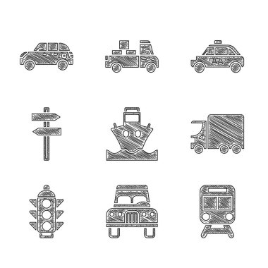 Kargo gemisi, tren ve demiryolu, kargo kamyonu, trafik ışığı, trafik levhası, Taksi ve Hatchback ikonu ayarlayın. Vektör