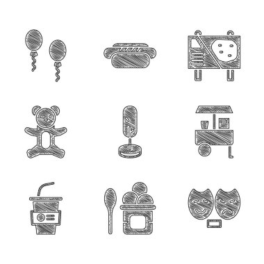 Set Tree, kasede dondurma, komedi ve trajedi maskeleri, Fast Street yemek arabası, su dolu kağıt bardak peluş ayı oyuncağı, lunapark reklam panosu ve balon ikonu. Vektör