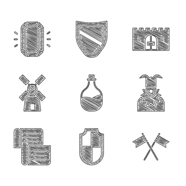 Set Botella antigua de vino, Escudo, Bandera medieval cruzada, Cabeza de Joker, Decreto, pergamino, pergamino, Molino de viento, Puerta del castillo medieval y el icono del diamante. Vector — Vector de stock